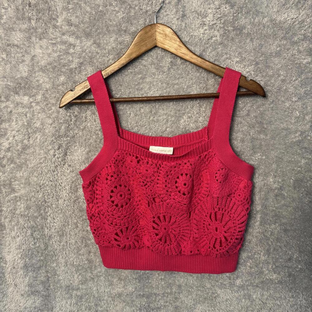 Womens Pink Crochet Knit Cropped Tank Top y2k Boho Eyelet Cottage